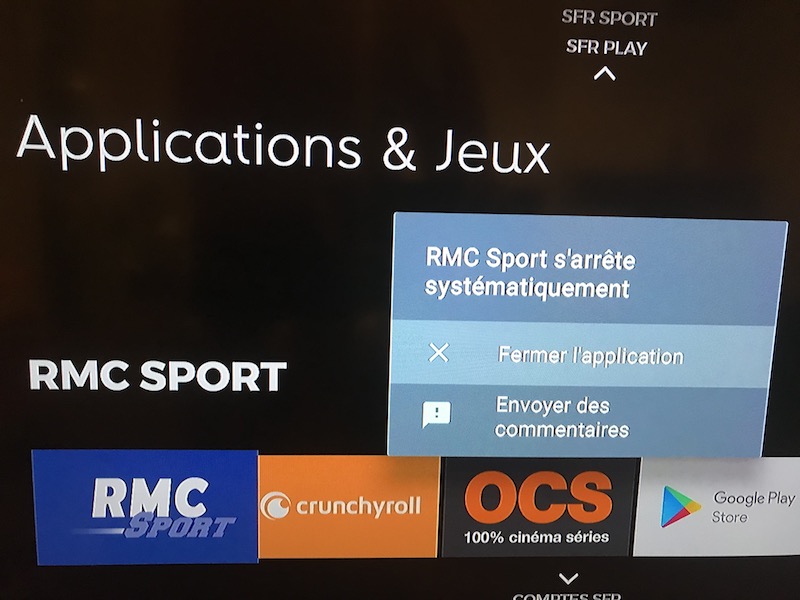 Application RMC Sport planté sur la ConnectTV de SFR sous Android TV